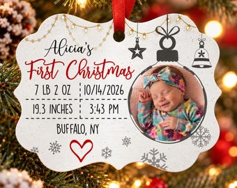 Baby's First Christmas with Stats Ornament, Personalized Aluminium Ornament, Custom Xmas Gift for Newborns
