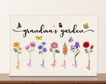 Personalized Watercolor Birth Flowers Grandma Garden Print, Custom Grandkids Names Mother Day Gift , Nana Great-grandma Mom Mum, Home Decor
