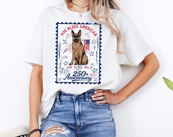 Customized Shirt Dog Bless America, Stamp Frame Print Patriotic Dog Tee, 250th Anniversary Shirt, 4th of July Gift
