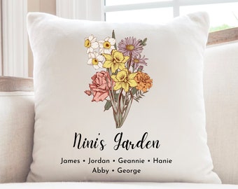 Aangepast oma's tuinkussen, gepersonaliseerd geboortekussen, oma's tuinkussen met kleinkinderen, gepersonaliseerd kerstcadeau voor oma