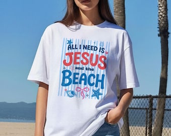 All I Need Is Jesus And The Beach Shirt, Christian Summer T-Shirt Women, Faith Beach Tee, Religious Gift, Cute Vacation Outfit