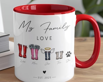 Personalized Family Wellie Mug – Custom Welly Boots Coffee Cup for Mum, Mummy or Her, Unique Gift from Kids, Family Print Mother’s Day Gift