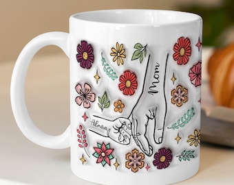 Gepersonaliseerd vasthouden oma's hand 3D-mok met opgeblazen effect, aangepaste koffiemok met namen kleinkinderen, Moederdagcadeau voor oma, mok Our Hearts