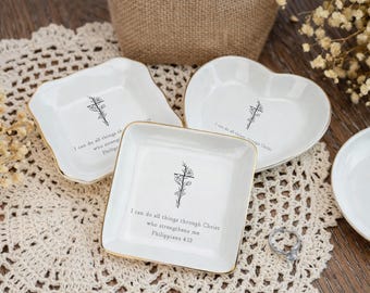Christian Jewelry Dish Ring Holder Trinket Tray Philippians 4:13 Ceramic Gift Baptism Confirmation Minimalist Floral Cross Decor
