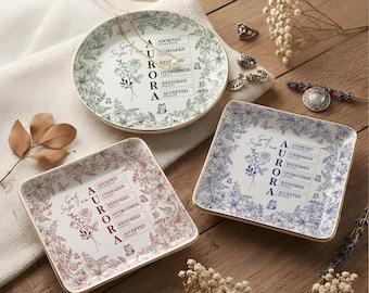 Custom Name Jewelry Dish, Christian Trinket Tray, God Says I Am Dish, Baptism Gift for Girl, Floral Ceramic Ring Holder, Personalized Gift