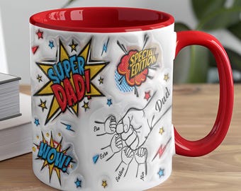 Personalized Super Dad First Bump 3D Inflated Effect Accent Coffee Mug, Father's Day Gift Custom Kid Names, Birthday Gift for Dad, Papa, Him