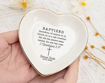 Personalized Baptism Jewelry Dish, Custom Name Ring Dish, 2 Corinthians 5:17 Bible Verse Gift, Christening Keepsake, Christian Gift