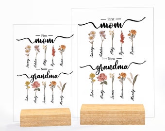 Personalized First Mom Now Grandma Garden Acrylic Plaque with Wooden Stand, Custom Birth Flower and Name, Mother's Day Gift for Mom, Grandma