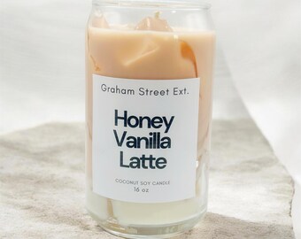 Honey Vanilla Latte Candle | 16oz Glass Can Candle | Sweet Cozy Candle | Dessert Candle | Vanilla Lover Gift | Aesthetic Home Decor