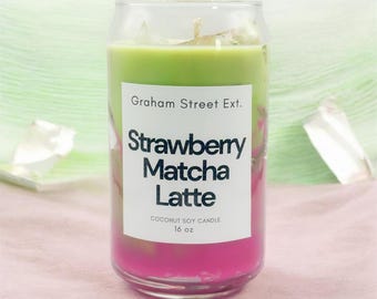 Strawberry Matcha Candle | 16oz Glass Can Candle | Realistic Drink Candle | Berry Green Tea Candle | Aesthetic Home Decor | Gift for Her