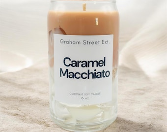 Caramel Macchiato Candle | 16oz Glass Can Candle | Realistic Coffee Candle | Caramel Coffee Gift | Dessert Candle | Cute Aesthetic Decor