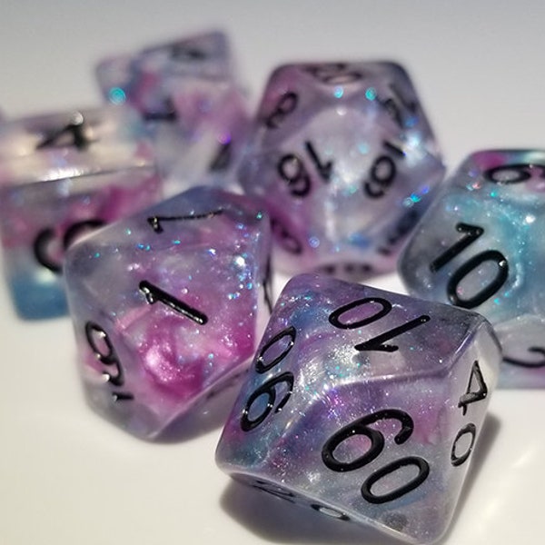 DnD Dice Set / Purple Blue Clear Shimmer "Unicorn Wishes" / RPG Polyhedral dice, D&D dice set / Dungeons and Dragons dice set, Critical Role
