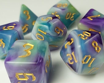 DnD Dice Set / Purple  Blue Green "Springtime" / Tabletop RPG Polyhedral dice, D&D dice set / Dungeons and Dragons dice set, Critical Role