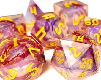 DnD Dice Set / Clear Sharp Edge Red Thread Gold Ribbon Shimmer dice / RPG Polyhedral dice, D&D dice set / Dungeons and Dragons dice set