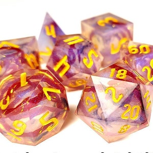 DnD Dice Set / Clear Sharp Edge Red Thread Gold Ribbon Shimmer dice / RPG Polyhedral dice, D&D dice set / Dungeons and Dragons dice set