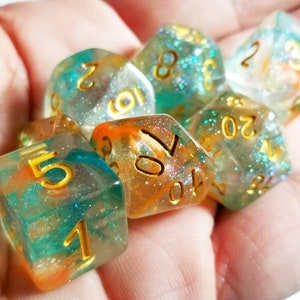 DnD Dice Set / Teal Green Orange Shimmer D&D dice set / Iridescent Tabletop RPG Polyhedral / Dungeons and Dragons dice set Critical Role