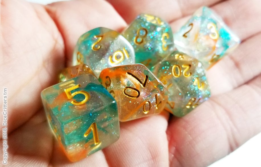 DnD Dice Set / Teal Green Orange Shimmer D&D dice set / Iridescent Tabletop RPG Polyhedral / Dungeons and Dragons dice set Critical Role