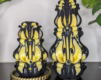 Black/Yellow Carved Candle (7"/5.5")