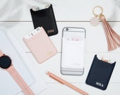 Foil Embossed Double Pocket Custom Phone Card Holder, Stamped Monogram Phone Wallet, Monogrammed Credit Card Holder, Stick On Phone Wallet