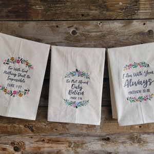 Embroidered Religious Tea Towel, Faith Flour Sack Towel, Floral Bible Quote, Kitchen Gift, Housewarming Gift, Christian Gift