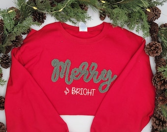 Merry and Bright Chenille Embroidered Christmas Crewneck Sweatshirt