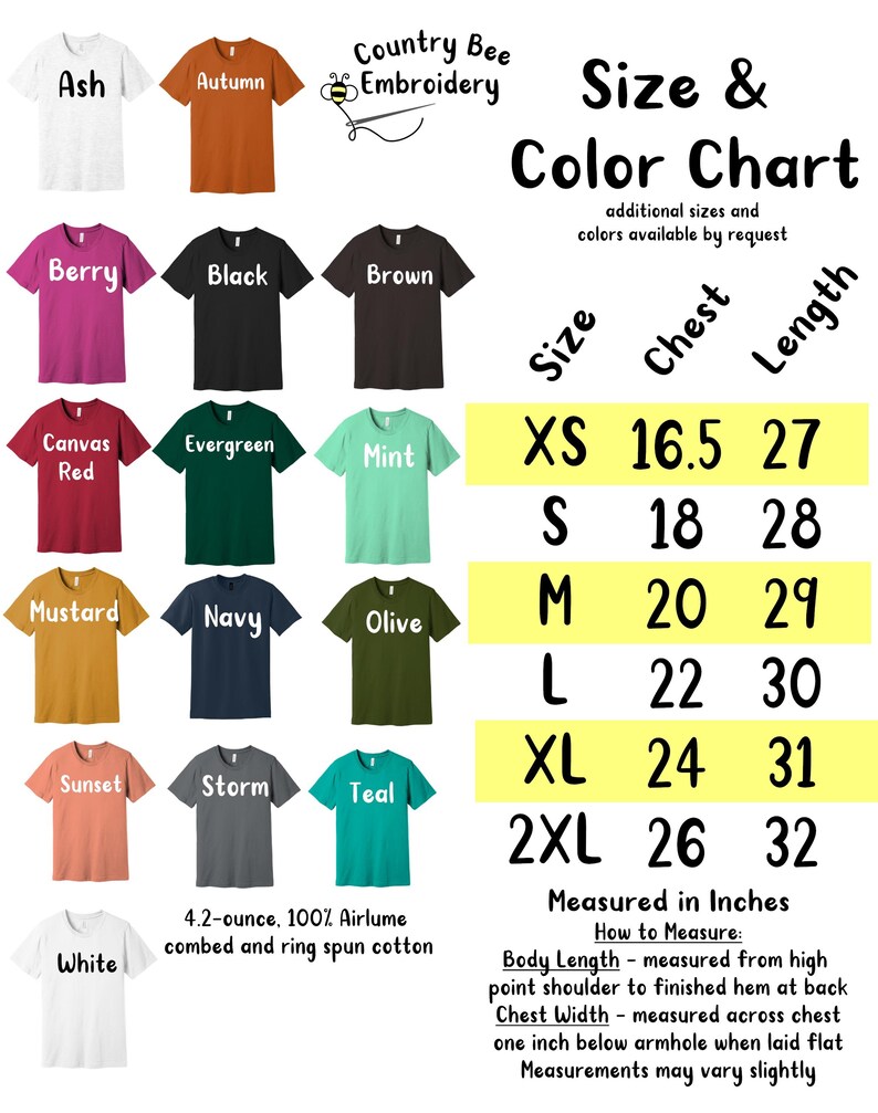May include: A color chart displays various t-shirt colors, including Ash, Autumn, Berry, Black, Brown, Canvas Red, Evergreen, Mint, Mustard, Navy, Olive, Sunset, Storm, Teal, and White. The chart also shows a size guide with chest and length measurements in inches.