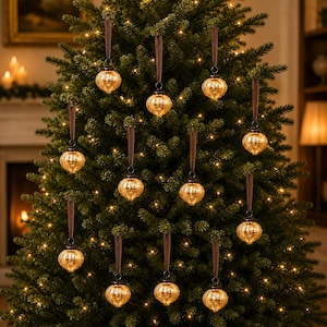 Champagnerfarbene, gerippte Glas-Weihnachtsornamente, 12er-Set, Vintage-Weihnachtsbaumdekoration