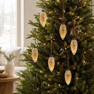 6er-Set Weihnachtskugeln aus bernsteinfarbenem Glas, Vintage-Weihnachtsbaumkugeln, festliche Dekoration mit bernsteinfarbenem Glanz, Retro-Weihnachtsdeko