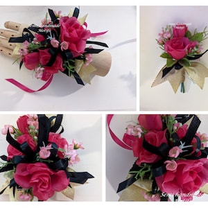 Fuchsia roses with black and gold ribbon, Rustic boutonniere, pin corsage, or wrist corsages