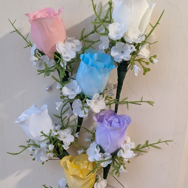 Pastel Colors, Wedding, Groom, Special Occasions, Easter Boutonnieres, Light Blue, Yellow, Light Purple, Pink, White, Ivory