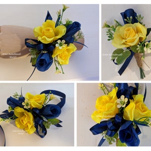 Pin, Wrist Corsage, Mens Rustic or Satin stem Boutonniere Navy Blue & Yellow