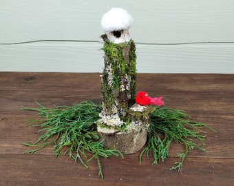 Snow Covered Birdhouse Enchanted Woodland Winter centerpiece with red bird, emerald green moss and lichens.