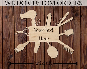 May include: Wooden sign with a hair salon theme. The sign features a hairdryer, scissors, combs, and a hairspray bottle. The sign says "Your Text Here".
