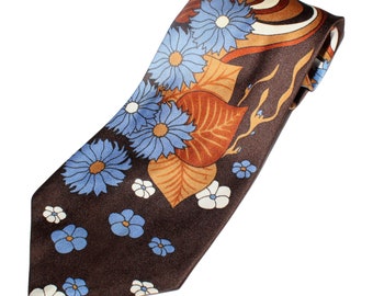 Vintage 70s Men's Tie - Brown Groovy Swirls & Flowers - Made in Australia