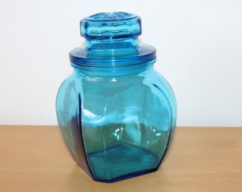 Vintage 60s Blue Glass Apothecary Jar | Made in Belgium | Retro Canister Kitchen Decor