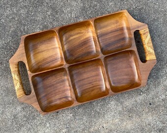 Vintage Monkey Pod Wooden Divided Serving Tray | Food Serving Chips Snacks Nuts