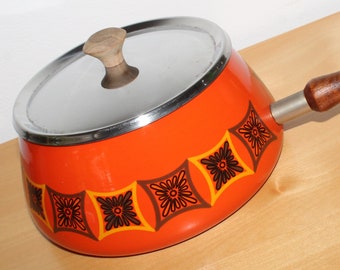 Funky Retro 70s Orange Geometric Design Enamel Fondue Pot / Pan