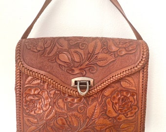 Vintage 70s Tooled Leather Roses Design Tote Bag | Hippie Boho Handmade Handbag