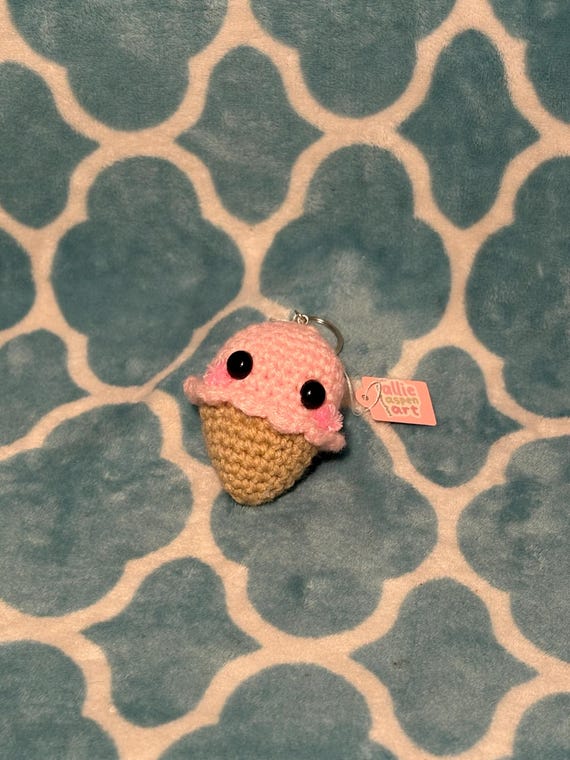 Crochet Strawberry Ice Cream Cone Keychain