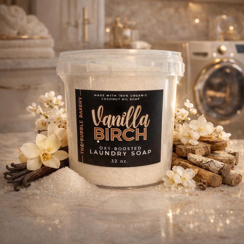 Może przedstawiać: Przezroczysty plastikowy pojemnik na wzmocnione tlenem mydło do prania "Vanilla Birch". Etykieta głosi "Wykonane w 100% z organicznego mydła kokosowego". Pojemnik otoczony jest białymi kwiatami, laskami wanilii i kawałkami drewna. Zawiera 946 ml.