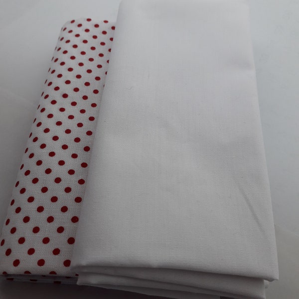 lot de 2 coupons tissu popeline100% coton pois rouges et uni blanc blanc