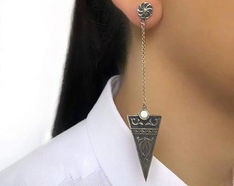 Earrings stud Sterling silver 925 long chain white enamel Armenian handmade