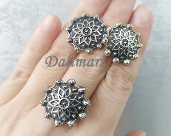 Round flower earrings and ring set Sterling silver 925 Armenian traditional jewelry handmade