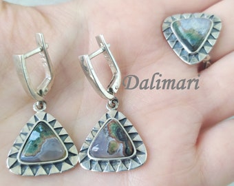 Jewelry set landscape agate green earrings and ring One of a kind sterling silver 925