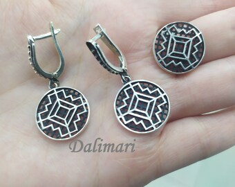 Round earrings and ring set Sterling silver 925 Armenian traditional jewelry handmade