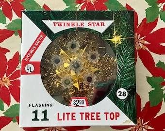 Estrella para la cima del árbol de Navidad, 11 luces intermitentes, artículo nuevo de stock antiguo, década de 1980.