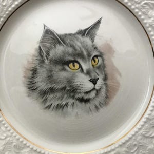 May include: A white ceramic decorative plate featuring a detailed illustration of a grey cat with bright yellow eyes. The plate has a gold-trimmed inner rim and a textured, embossed border pattern along the outer edge of the circular dish.