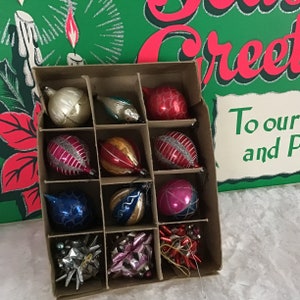 Vintage blown teardrop Christmas ornaments, assorted box, round, teardrop, glitter, foil