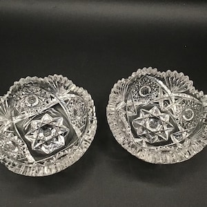 Pair of American Brilliant Cut Glass 4 1/2” Bowls-Hobstars Fans & File Cuts w/ Sawtooth trim