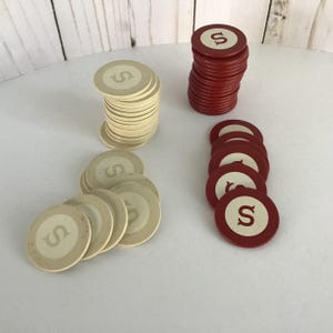 LOT/48「S」モノグラム粘土ポーカーチップ、ベージュとダークレッド、各色24個